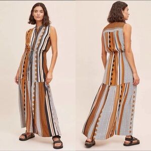Anthropologie Maeve Alondra Brown Motif Striped Maxi Shirt Dress Women’s Size 8